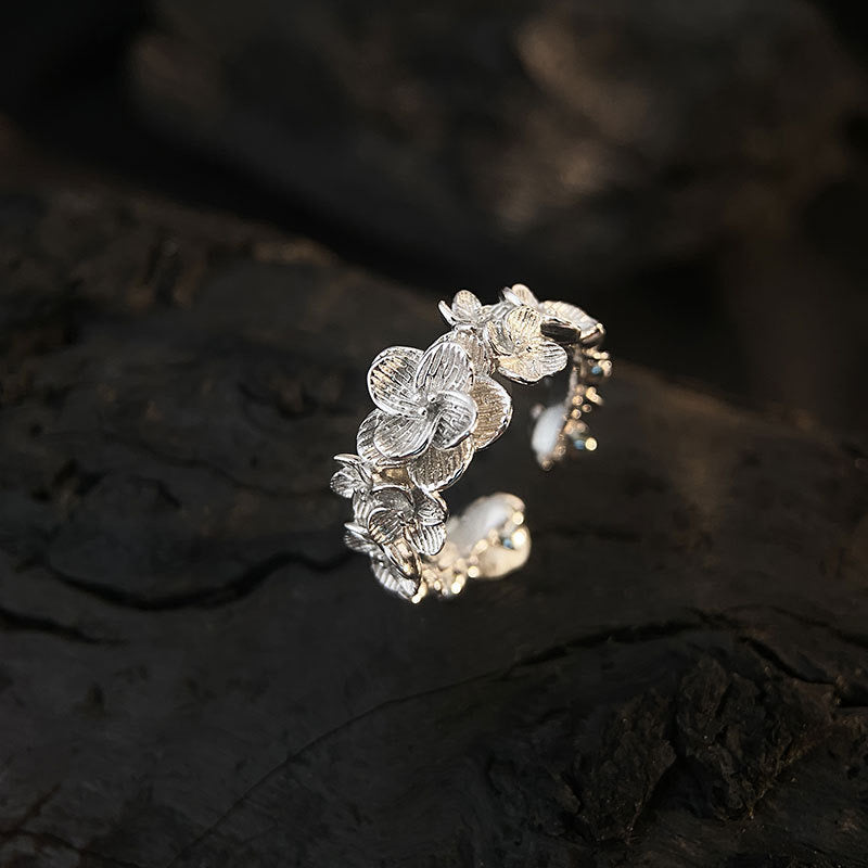 Bague en Argent Pur avec Fleurs en 3D - Style Dark