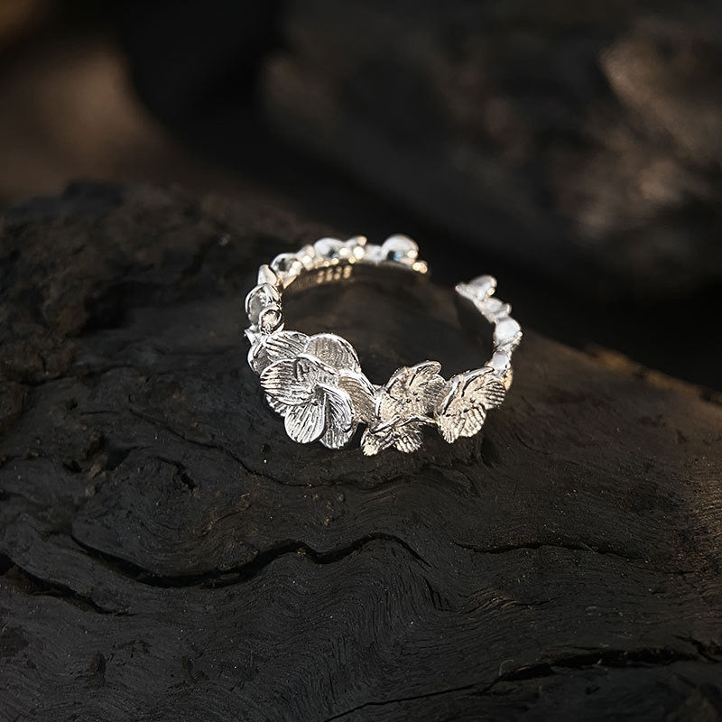 Bague en Argent Pur avec Fleurs en 3D - Style Dark