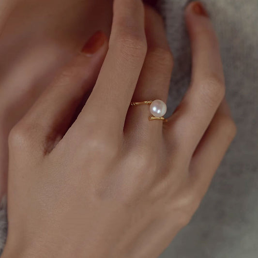 Bague en Argent Pur avec Perle d'Eau Douce en Forme de Bambou
