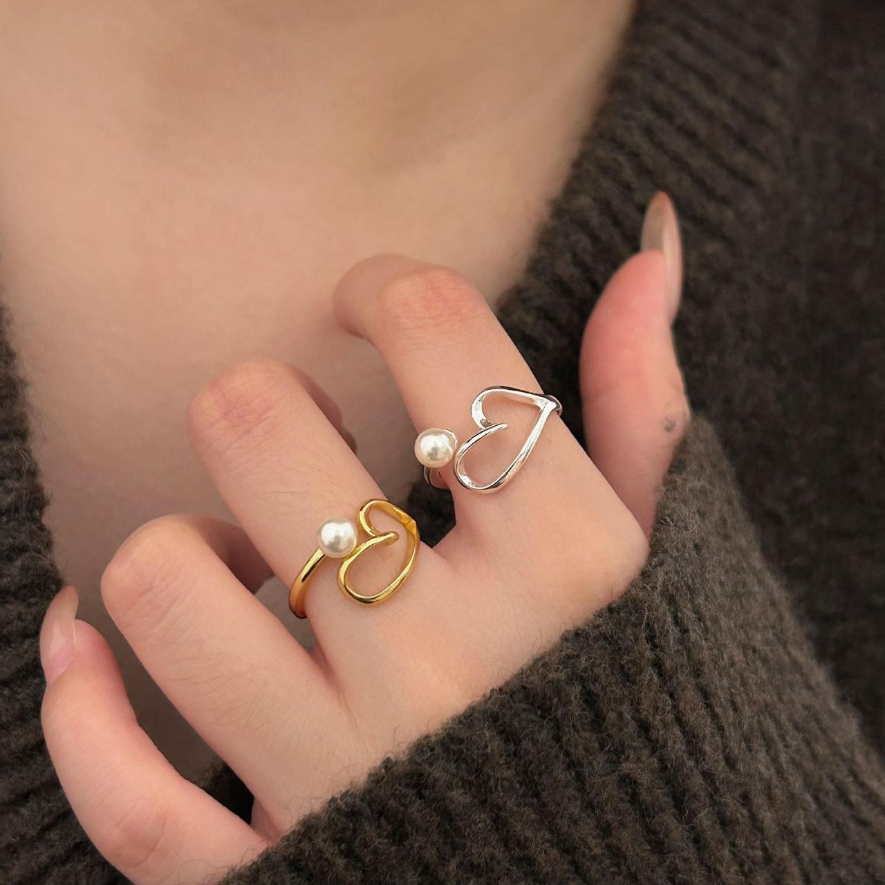 Bague en Argent avec Perle d'Eau Douce en Forme de Cœur