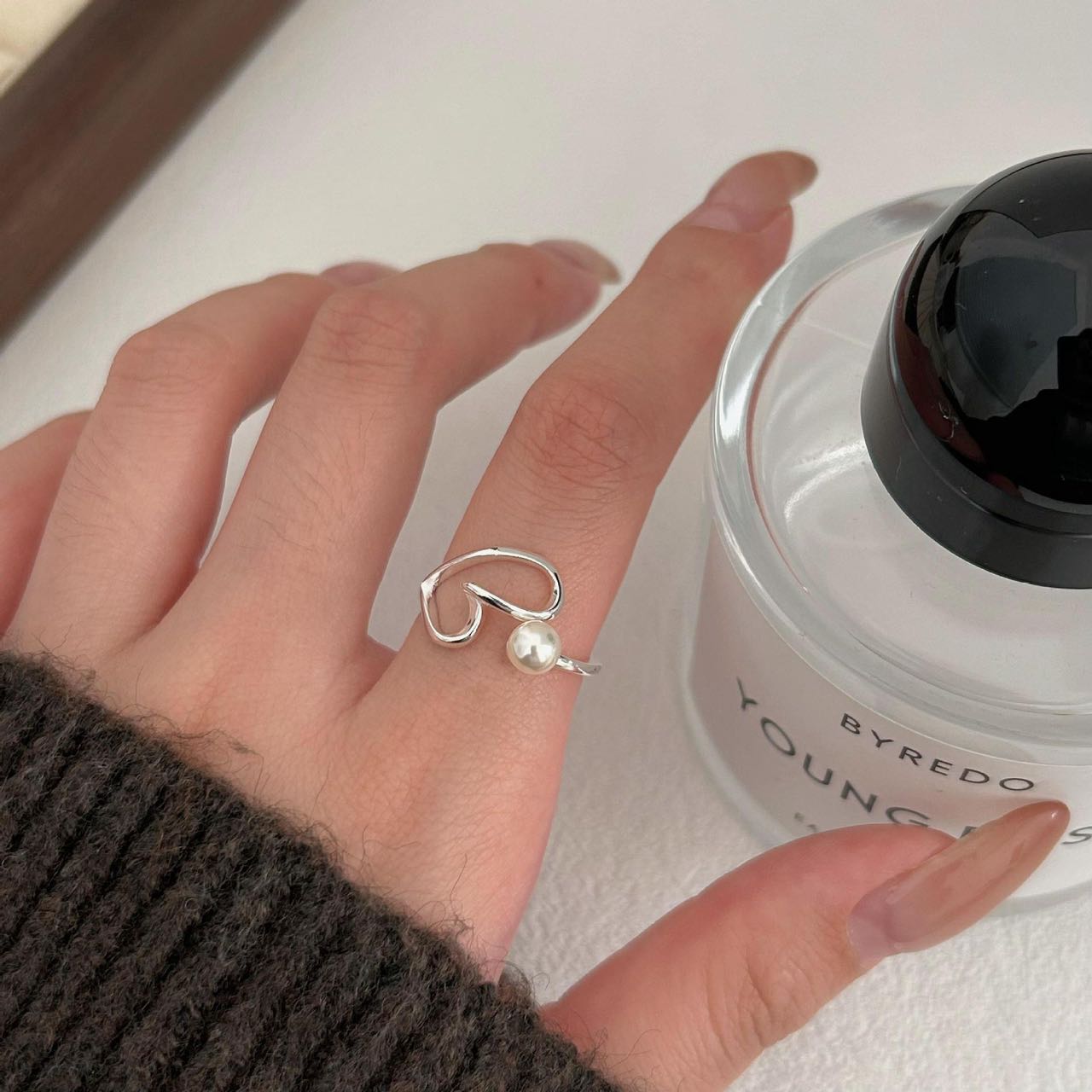 Bague en Argent avec Perle d'Eau Douce en Forme de Cœur